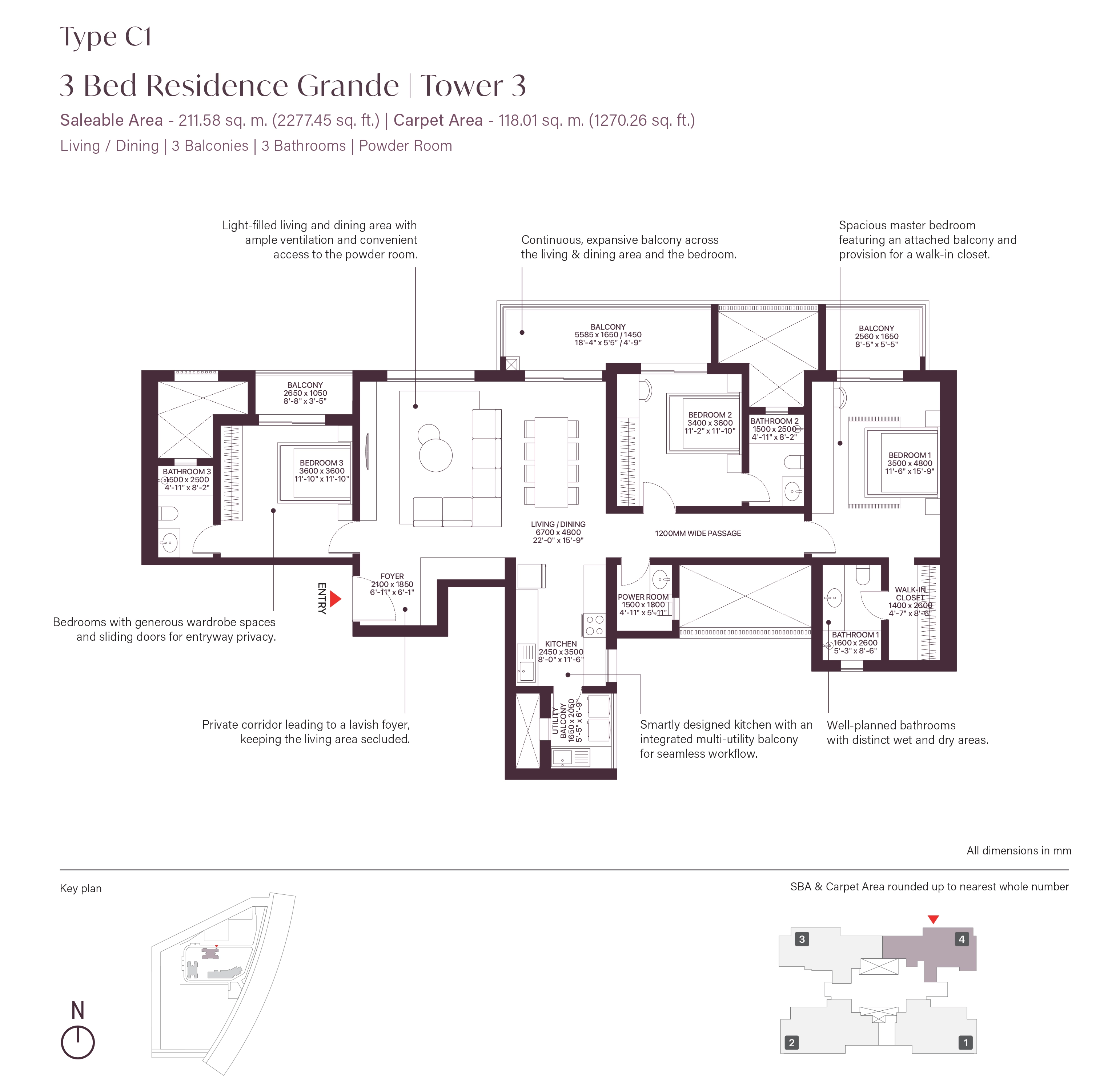 Sobha Sector 63A 3BHK Floor Plan Type 1